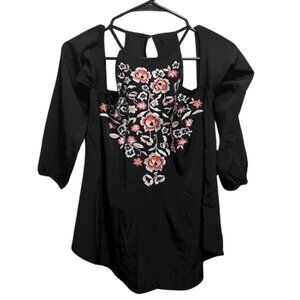 Abercrombie & Fitch Black Cold-Shoulder Blouse with Pink Floral Embroidery